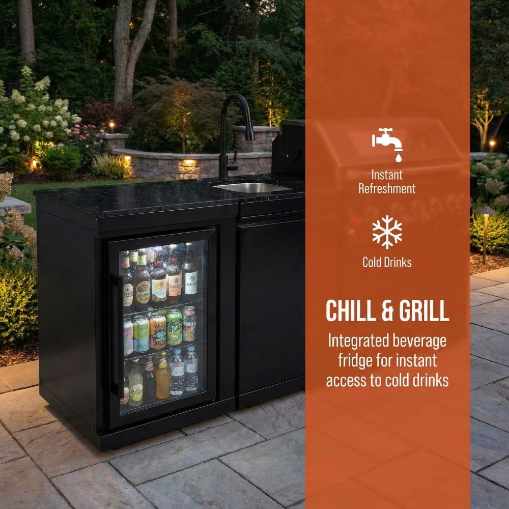 82" 85,000 BTU Outdoor Kitchen with 6-Burner Grill, Sink & Beverage Refrigerator – Black
