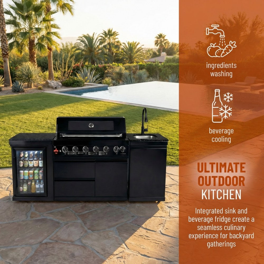 82" 85,000 BTU Outdoor Kitchen with 6-Burner Grill, Sink & Beverage Refrigerator – Black