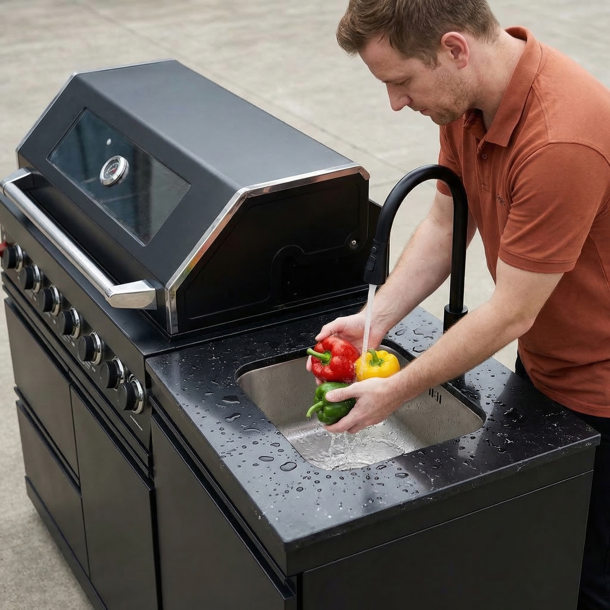 63" Six-Zone 85,000 BTU Outdoor Kitchen with Refrigerator & Sink – Black