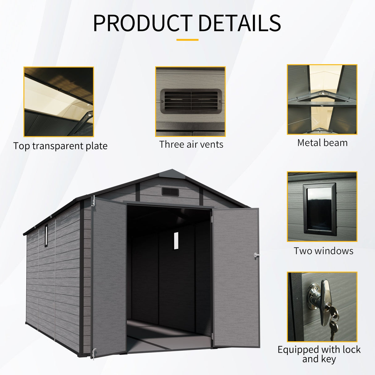 8' × 14' Lockable Resin Outdoor Storage Shed with Two Windows & Three Air Vents