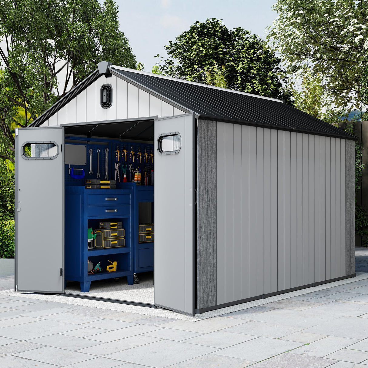 8' × 14' Resin Outdoor Storage Shed with Carpeted Interior