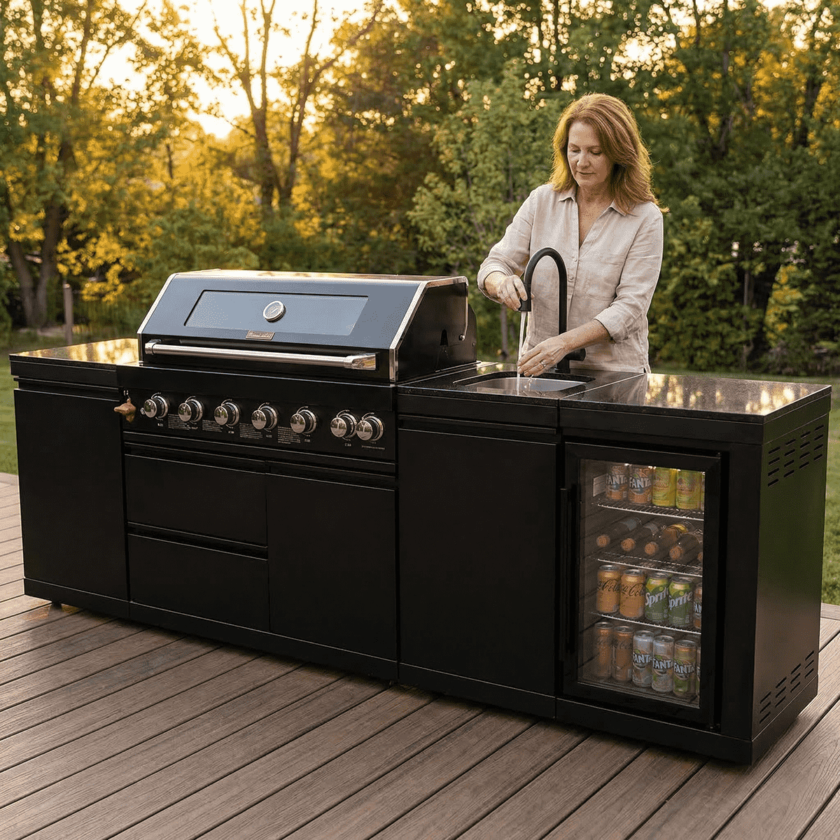 102" 85,000 BTU Outdoor Kitchen with 6-Burner Grill, Refrigerator & Sink – Black