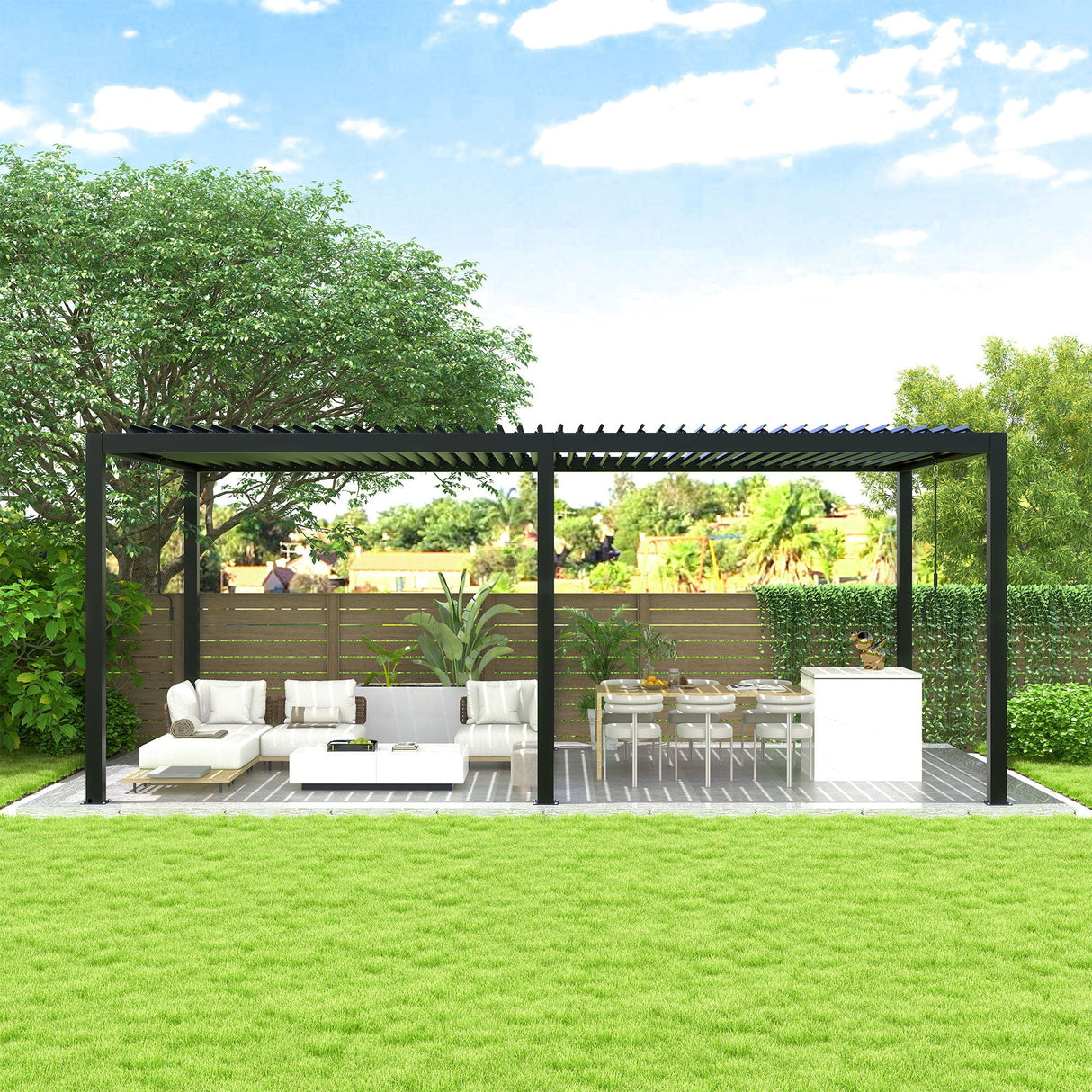 10' × 19' Adjustable Louvered Pergola with Galvanized Steel Roof – Black