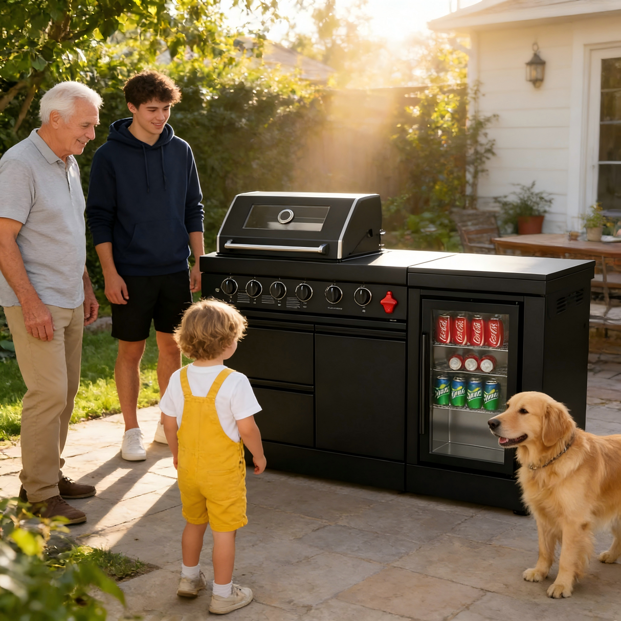 65" Outdoor Kitchen with 4-Burner Grill, Beverage Refrigerator & Marble Countertops – Black