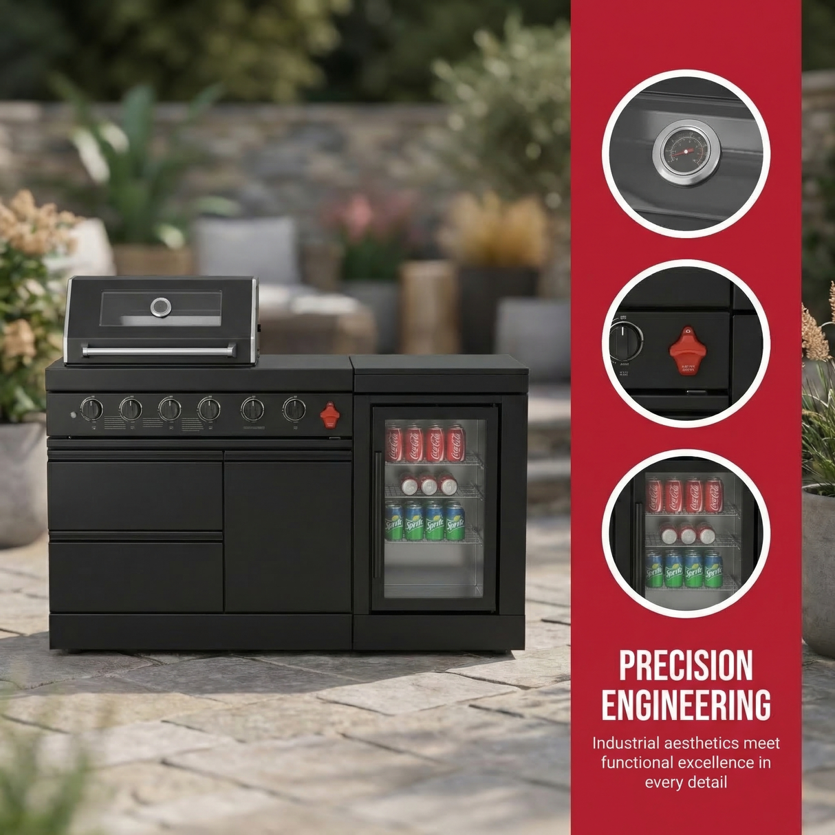 65" Outdoor Kitchen with 4-Burner Grill, Beverage Refrigerator & Marble Countertops – Black