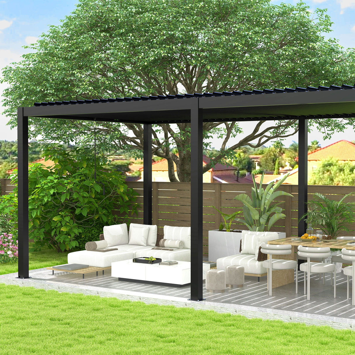 Adjustable Louvered Pergola with Hand Crank & Drainage System – Black