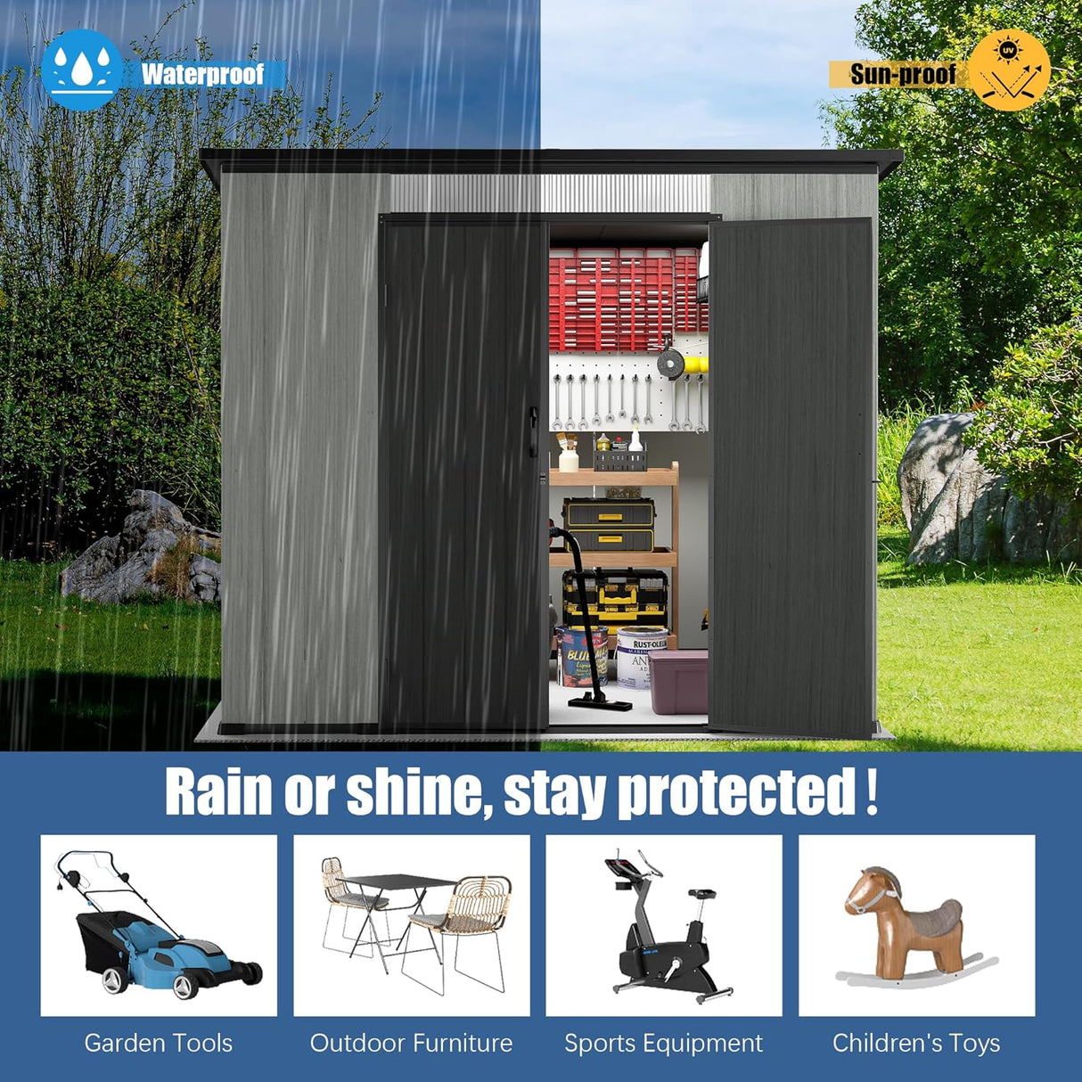 6' × 8' Outdoor Resin Storage Shed with Windows, Skylight & Ventilation