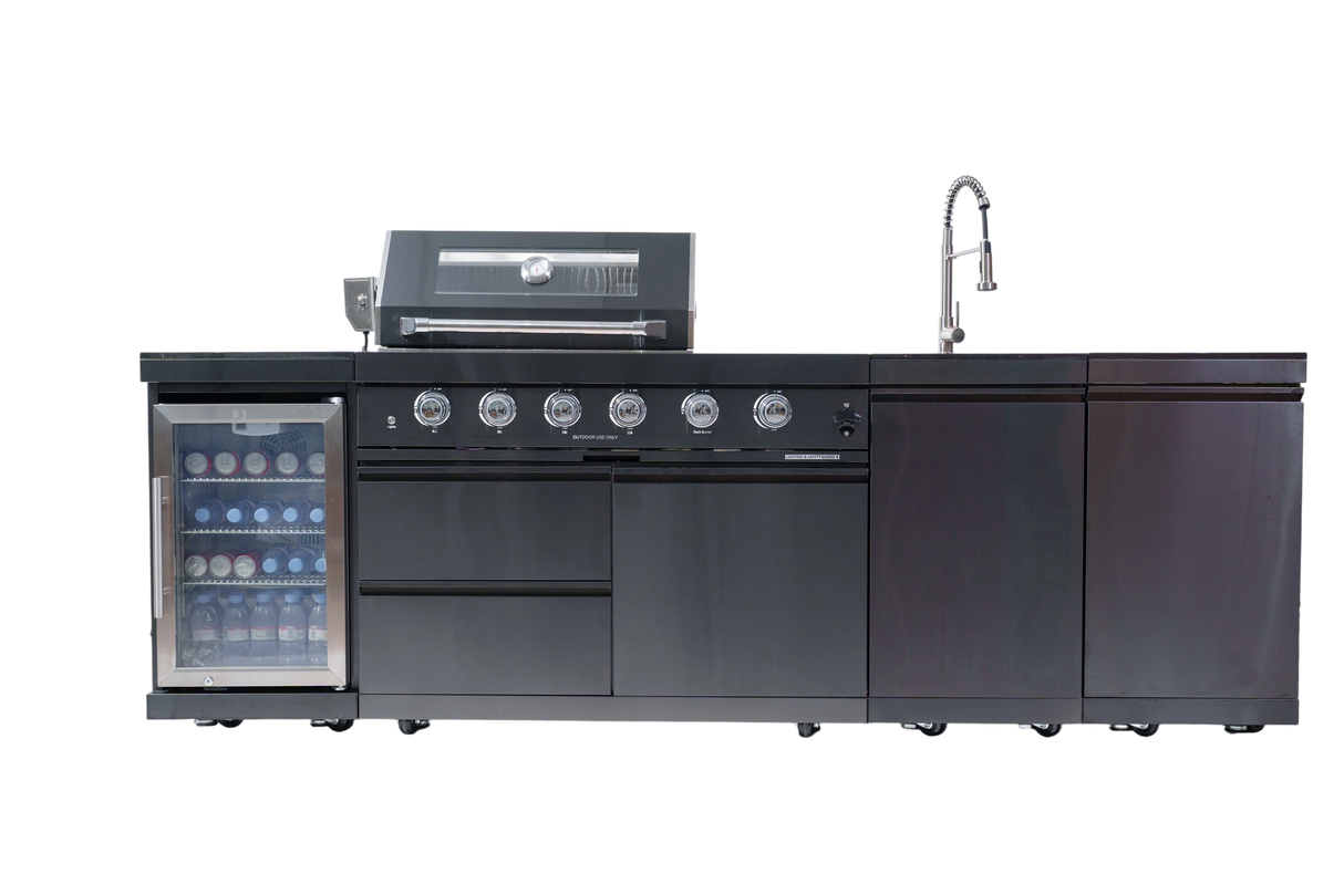 104" Propane Outdoor Kitchen with 4-Burner Grill, Refrigerator & Storage – Black