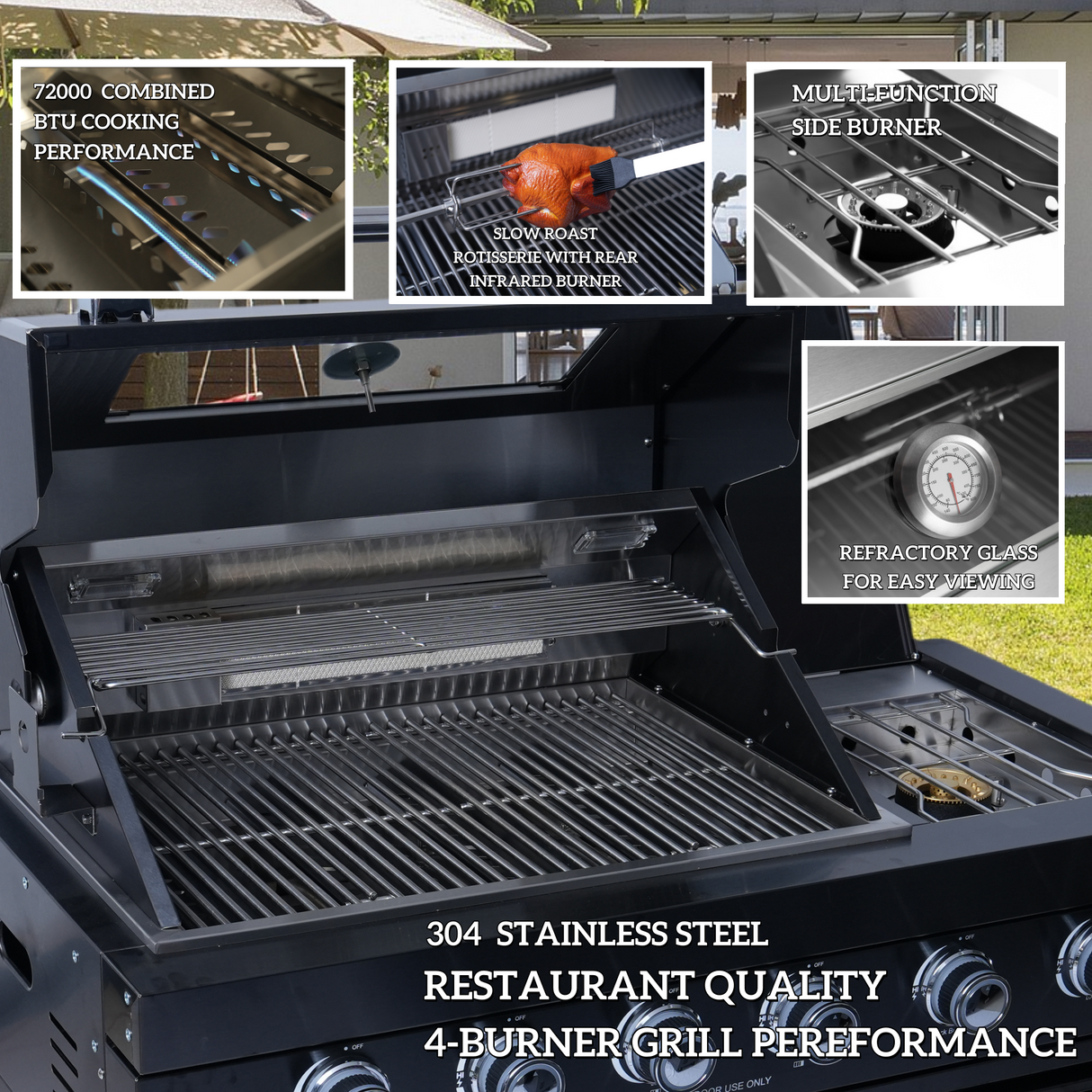 125" 107,000 BTU Outdoor Kitchen with 4-Burner Grill, Pizza Oven & Refrigerator
