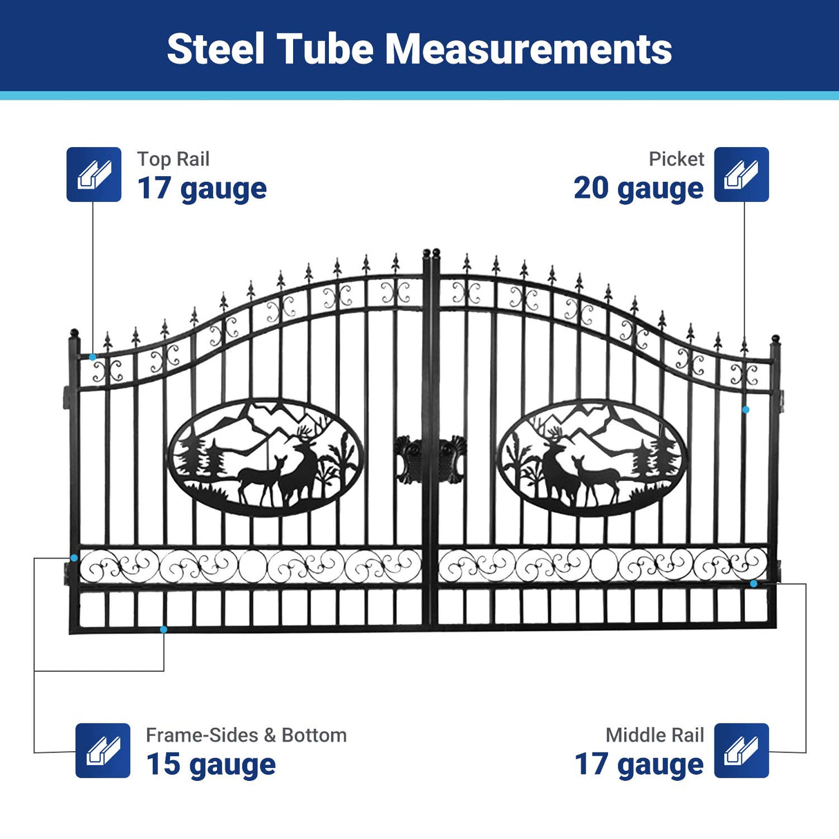 14' × 8' Steel Dual-Swing Driveway Gate with Deer Motif – Black