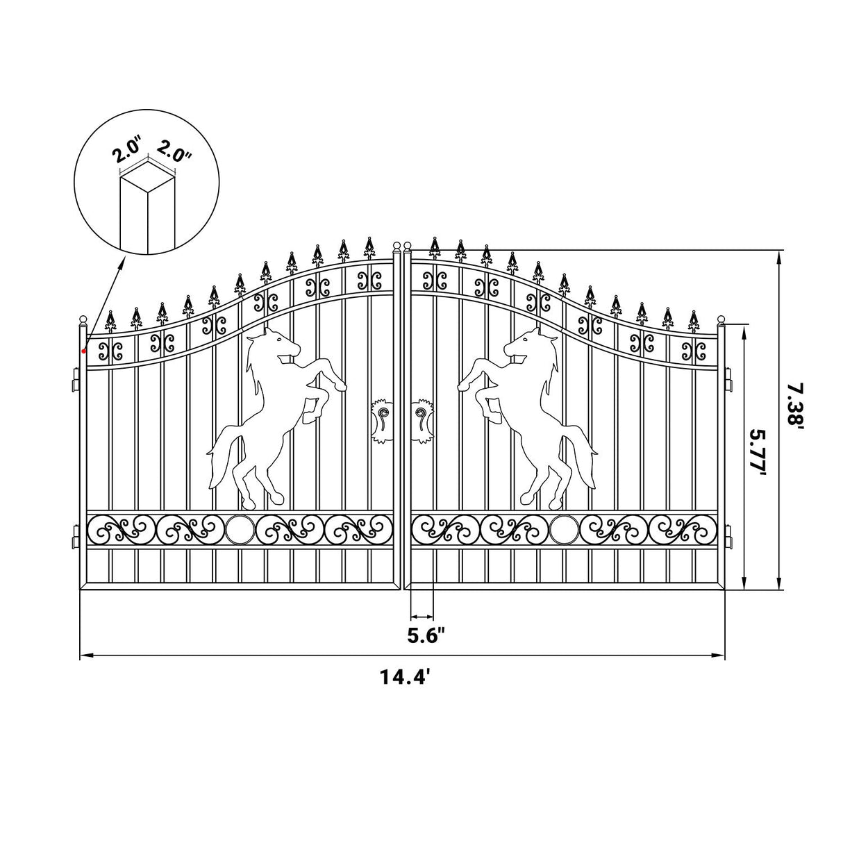 14' × 8' Galvanized-Steel Dual-Swing Driveway Gate with Horse Design