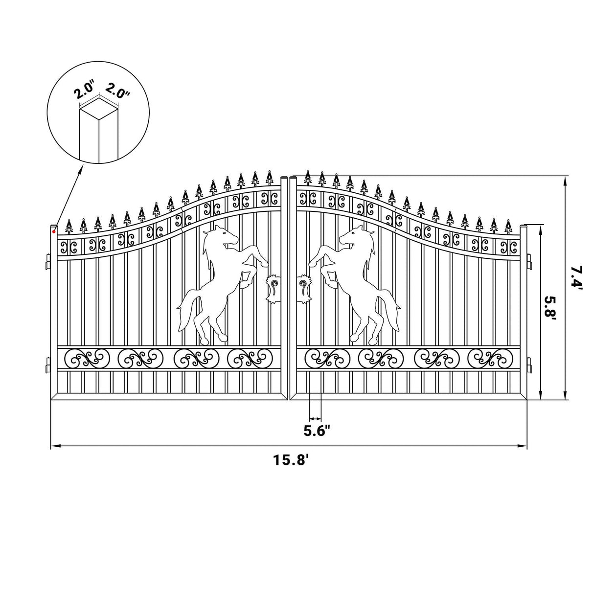 16' × 7' Steel Dual-Swing Driveway Gate with Horse Design