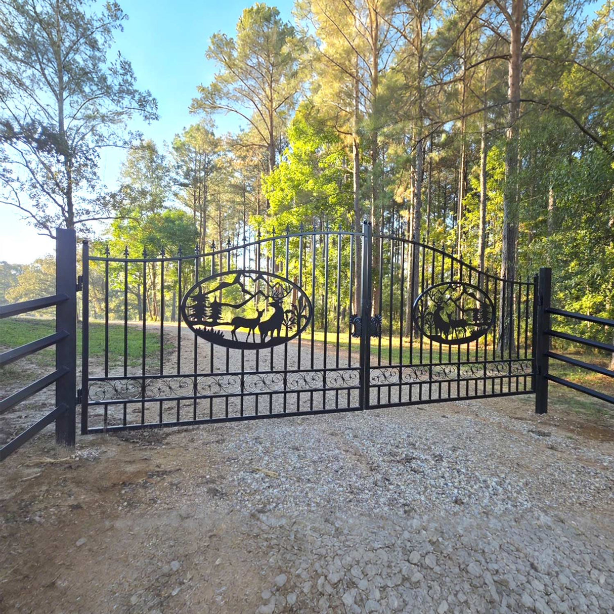 20' × 8' Steel Dual-Swing Driveway Gate with Deer Motif – Black