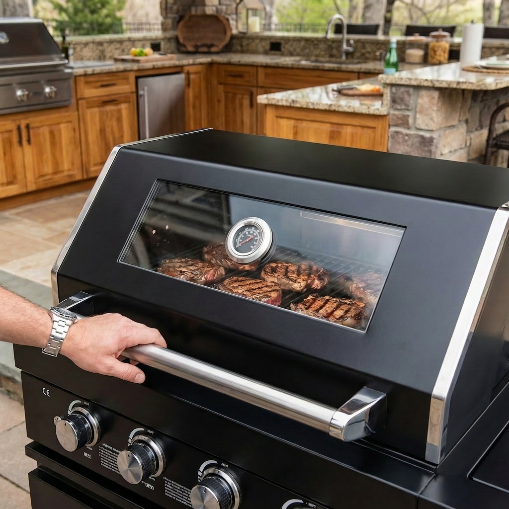 65" Outdoor Kitchen with 4-Burner Grill, Round Side Burner & Refrigerator – Black
