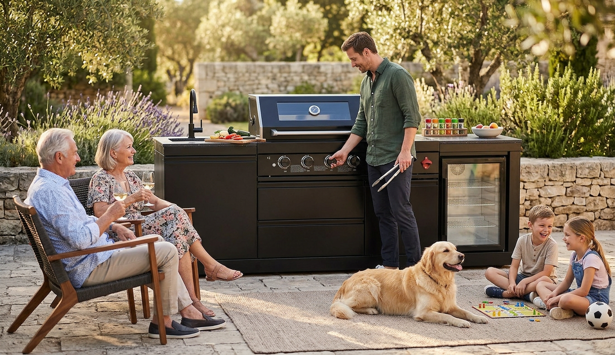 85" Outdoor Kitchen with 4-Burner Grill, Compact Refrigerator & Sink – Black