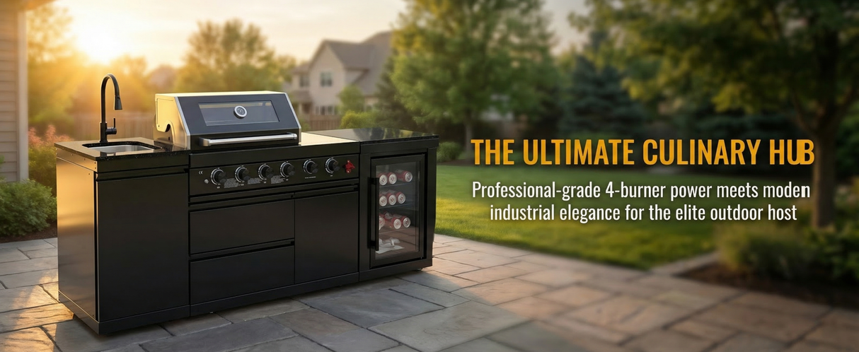 85" Outdoor Kitchen with 4-Burner Grill, Compact Refrigerator & Sink – Black