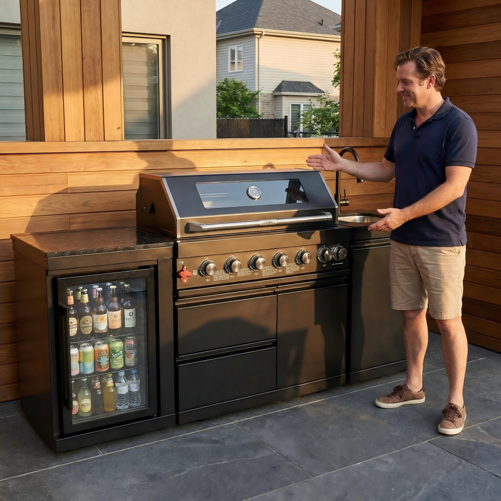 82" 85,000 BTU Outdoor Kitchen with 6-Burner Grill, Sink & Beverage Refrigerator – Black
