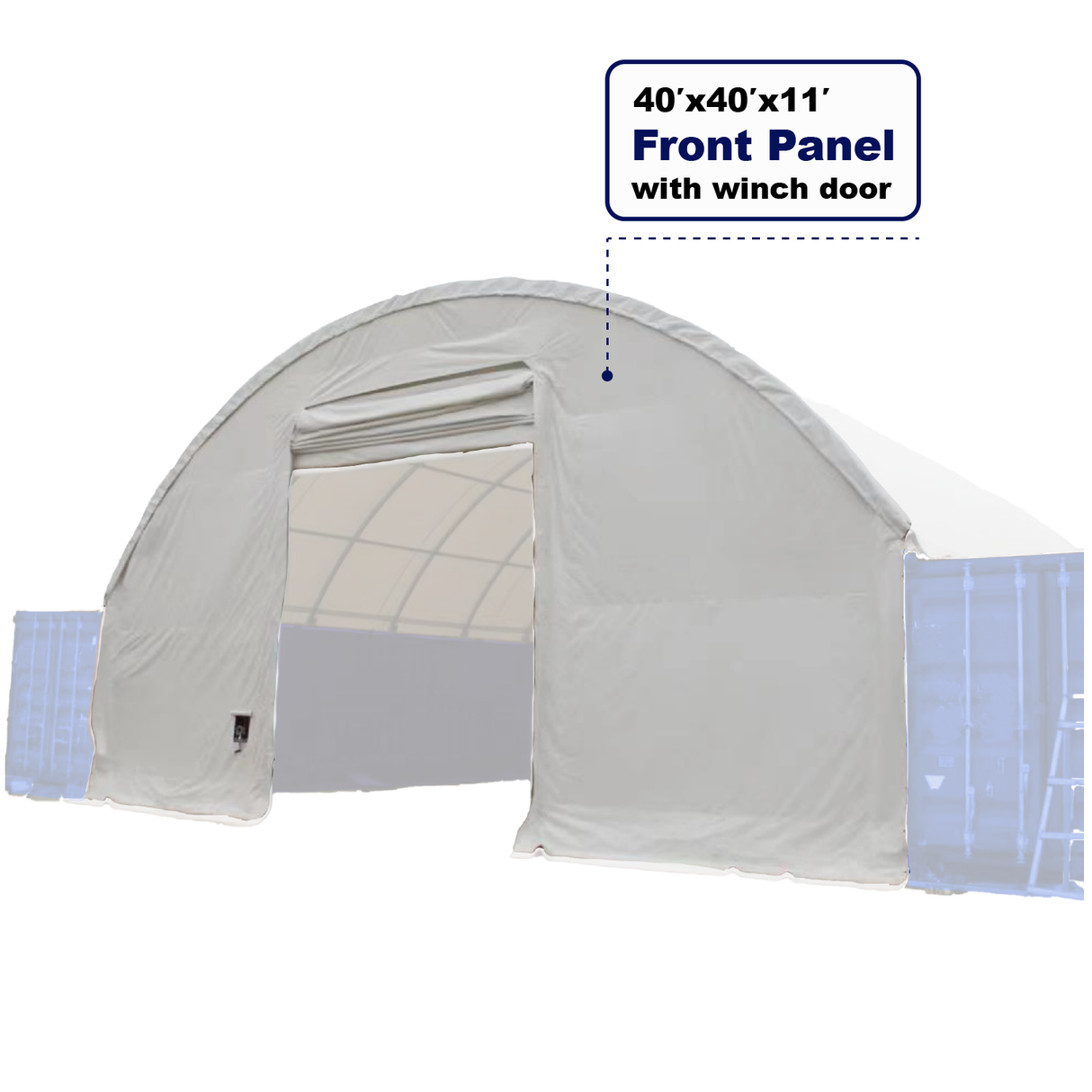 Gold Mountain Front Cover with Winch Door for 40' × 40' × 11' Shipping-Container Canopy Shelter