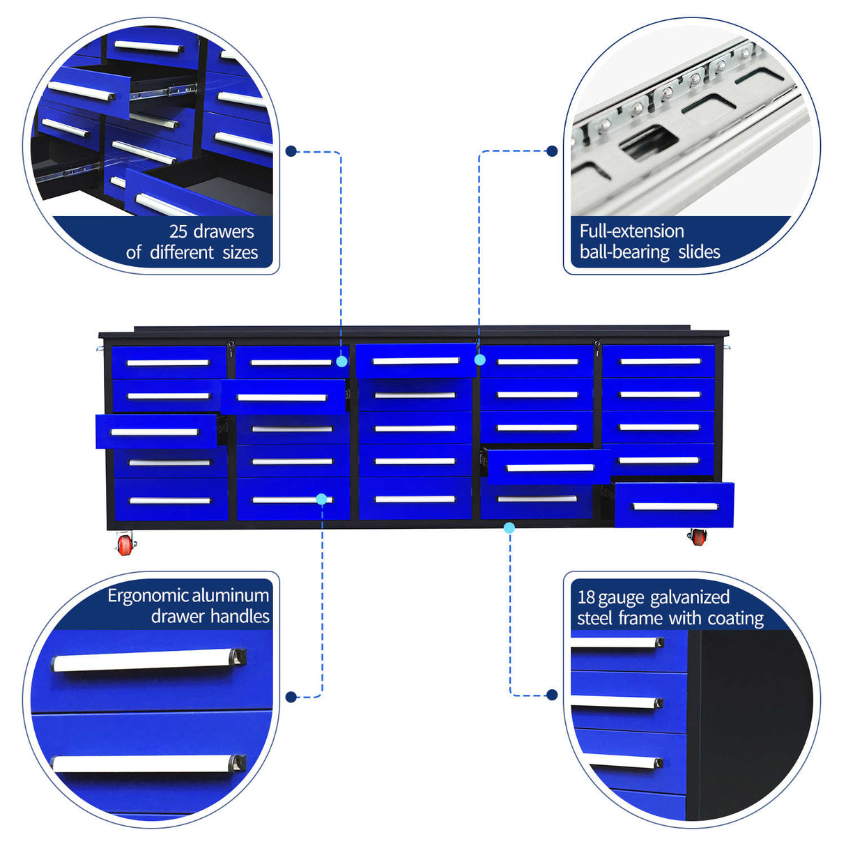 10' Mobile 25-Drawer Steel Storage Workbench with Plywood-Lined Top