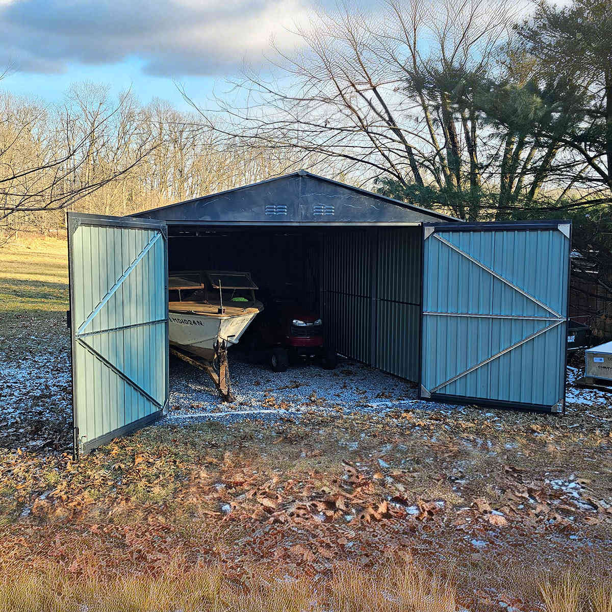 13' × 20' Upgraded Metal Garage Shed with Double Front Doors & Side Entry