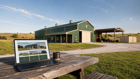 Flint Hills farm with a green metal barn, equipment shelter, shipping container, and laptop displaying a rural building website