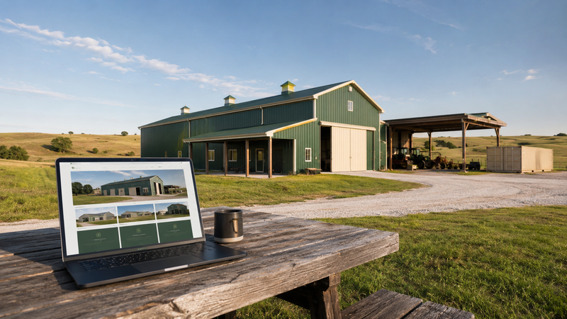 Flint Hills farm with a green metal barn, equipment shelter, shipping container, and laptop displaying a rural building website
