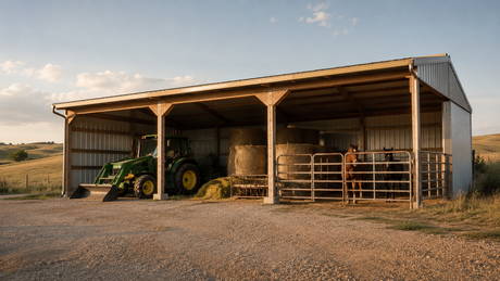 Open-sided farm building sheltering a tractor, hay bales, and horses on a rural property