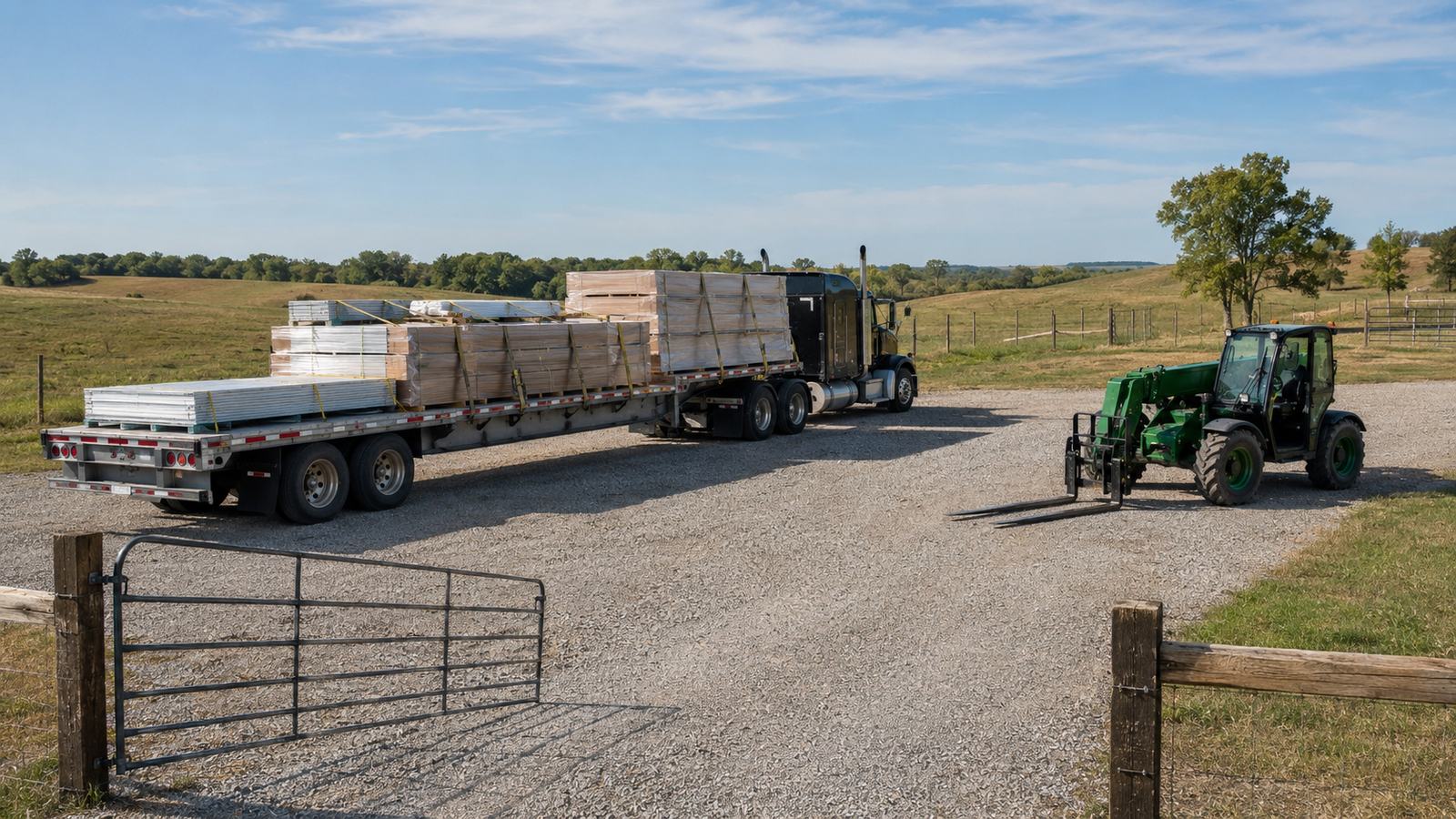 Flatbed truck delivering a building kit to a rural property with unloading equipment ready