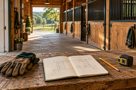 Illustrative barn-planning scene with a notebook, measuring tape and work gloves overlooking a horse barn aisle.