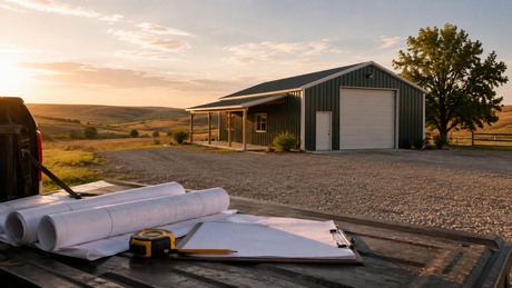 Farm building at sunset with construction plans and measuring tools in the foreground