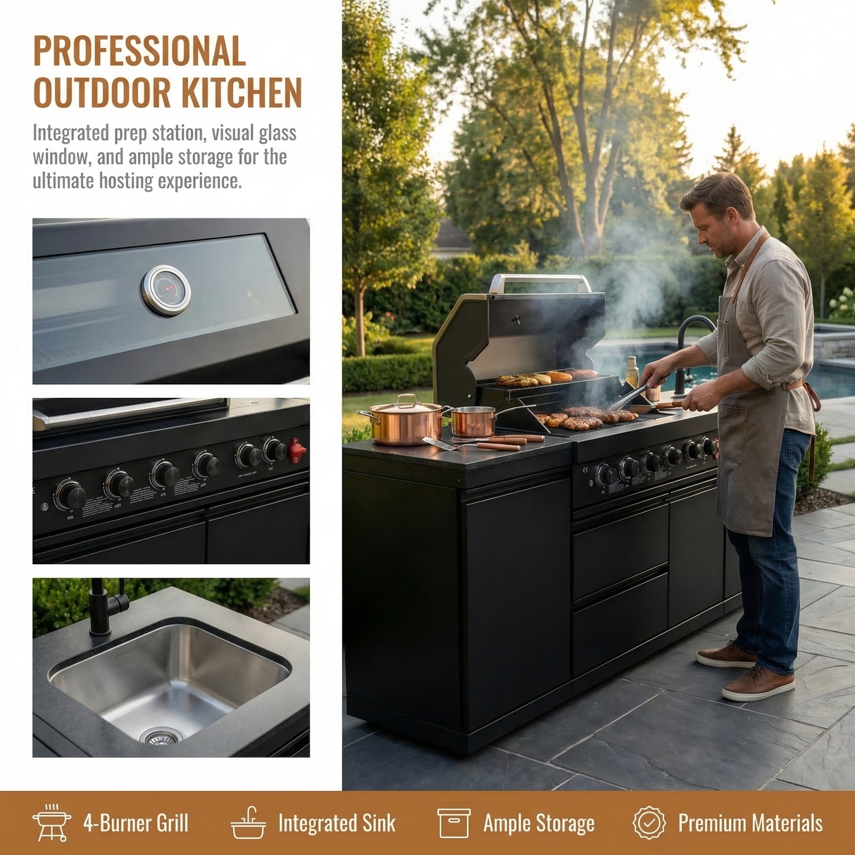 85" 4-Burner 85,000 BTU Outdoor Kitchen Island with Sink & Refrigerator – Black