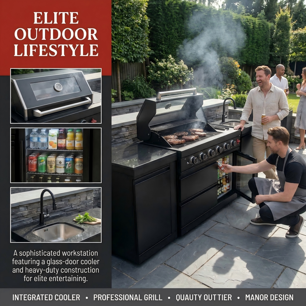85" Outdoor Kitchen with 4-Burner Grill, Compact Refrigerator & Sink – Black