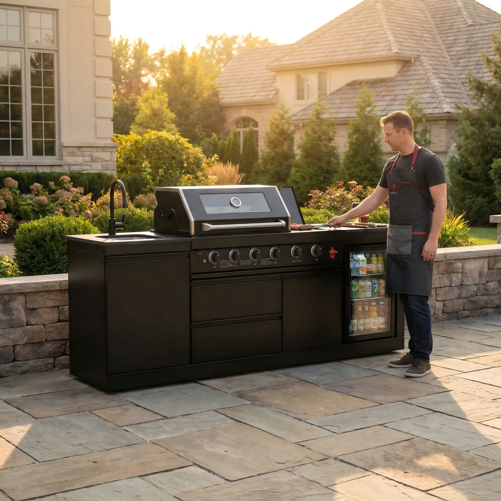 85" Outdoor Kitchen with 4-Burner Grill, Compact Refrigerator & Sink – Black