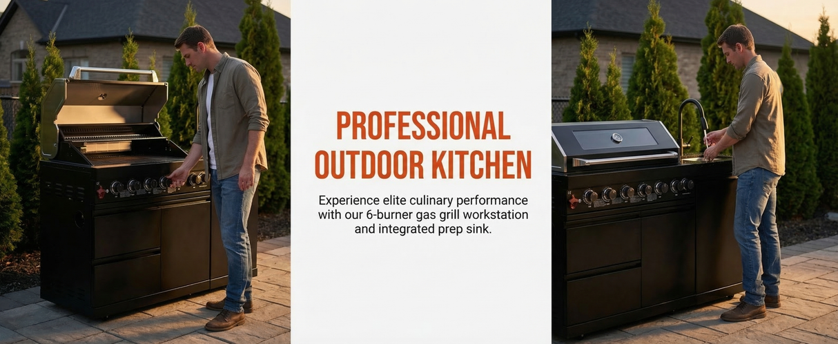 63" Six-Zone 85,000 BTU Outdoor Kitchen with Refrigerator & Sink – Black