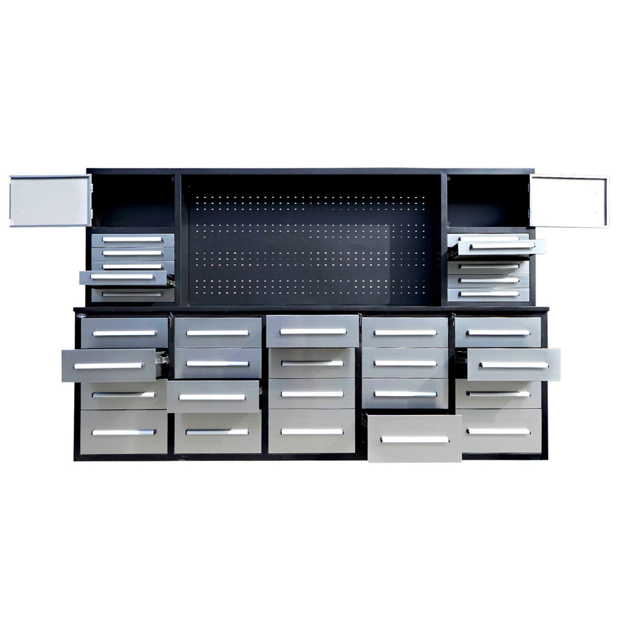 10' Workbench Cabinet with 30 Drawers, 2 Cabinets & Pegboard