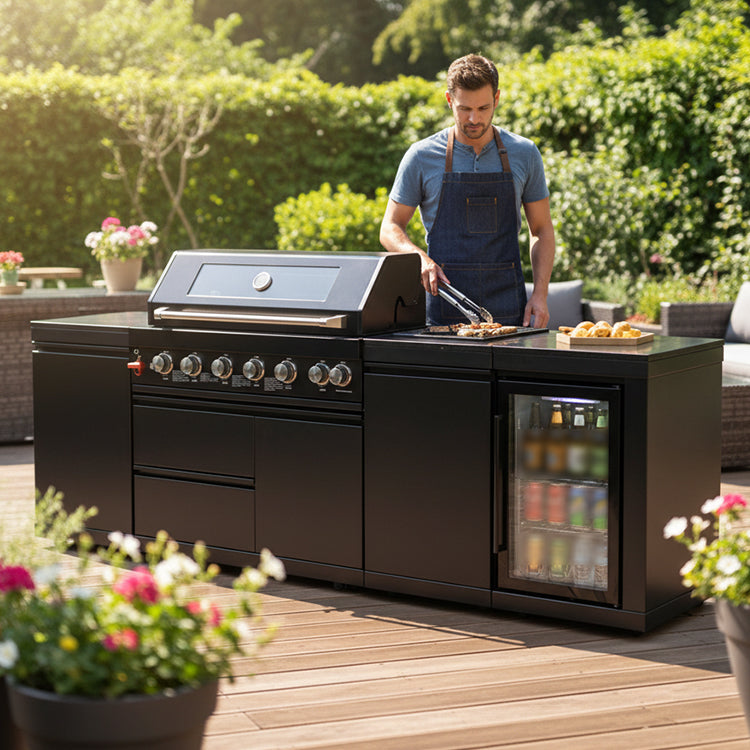 102" 85,000 BTU Outdoor Kitchen with 6-Burner Grill, Refrigerator & Sink – Black