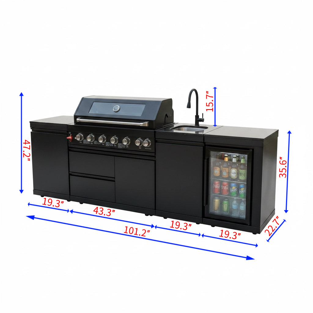 102" 85,000 BTU Outdoor Kitchen with 6-Burner Grill, Refrigerator & Sink – Black