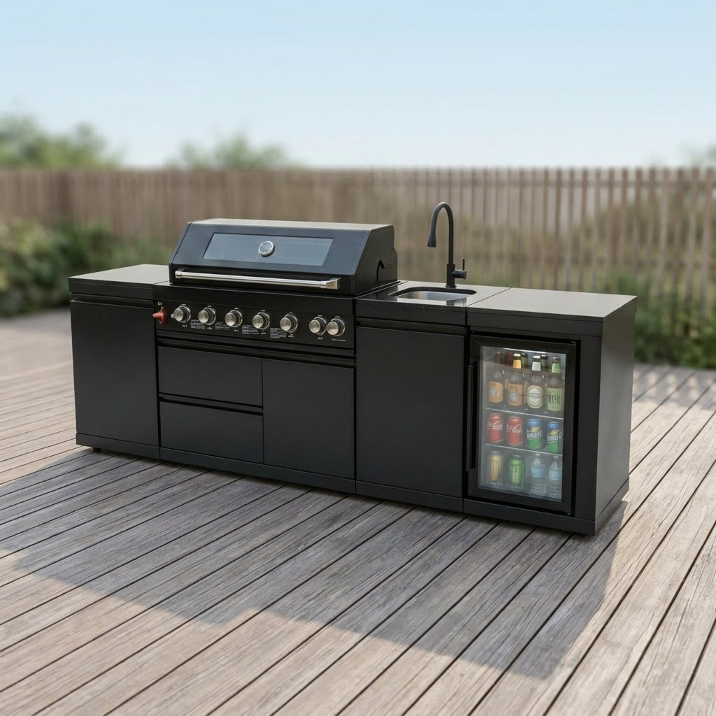 102" 85,000 BTU Outdoor Kitchen with 6-Burner Grill, Refrigerator & Sink – Black