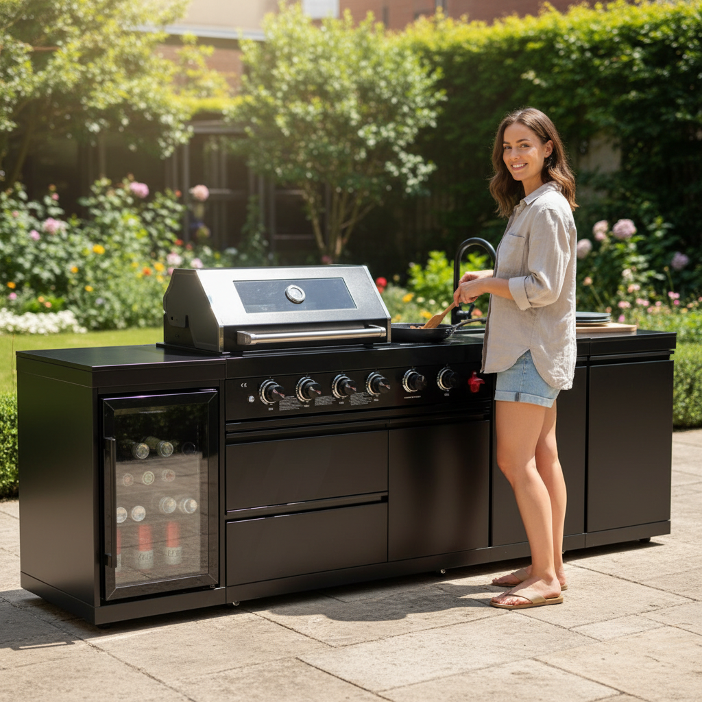 104" Stainless Steel Outdoor Kitchen Island with 4-Burner Grill, Beverage Cooler & Sink – Black