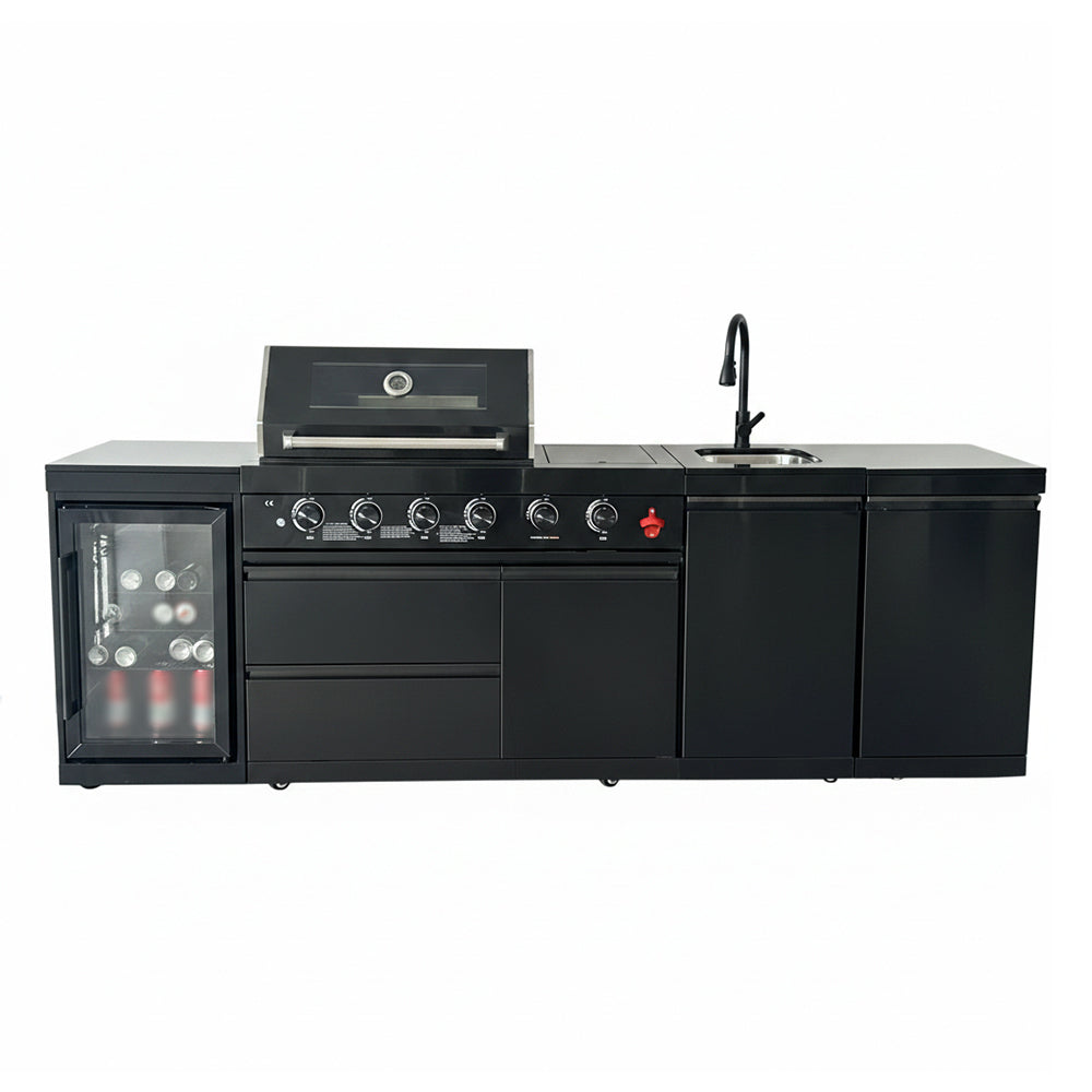 104" Stainless Steel Outdoor Kitchen Island with 4-Burner Grill, Beverage Cooler & Sink – Black