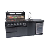 85" Natural Gas Outdoor Kitchen with 6-Burner Grill, Refrigerator, Rotisserie & Sink – Black