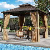 10 X 10 Feet Hardtop Gazebo with Netting and Curtain for Patio Backyard-Coffee