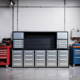 10' Workbench Cabinet with 30 Drawers, 2 Cabinets & Pegboard