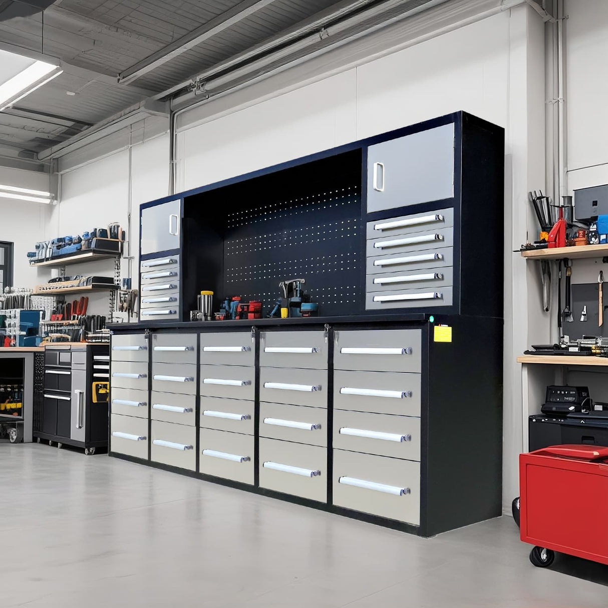 10' Workbench Cabinet with 30 Drawers, 2 Cabinets & Pegboard