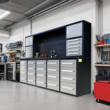 10' Workbench Cabinet with 30 Drawers, 2 Cabinets & Pegboard