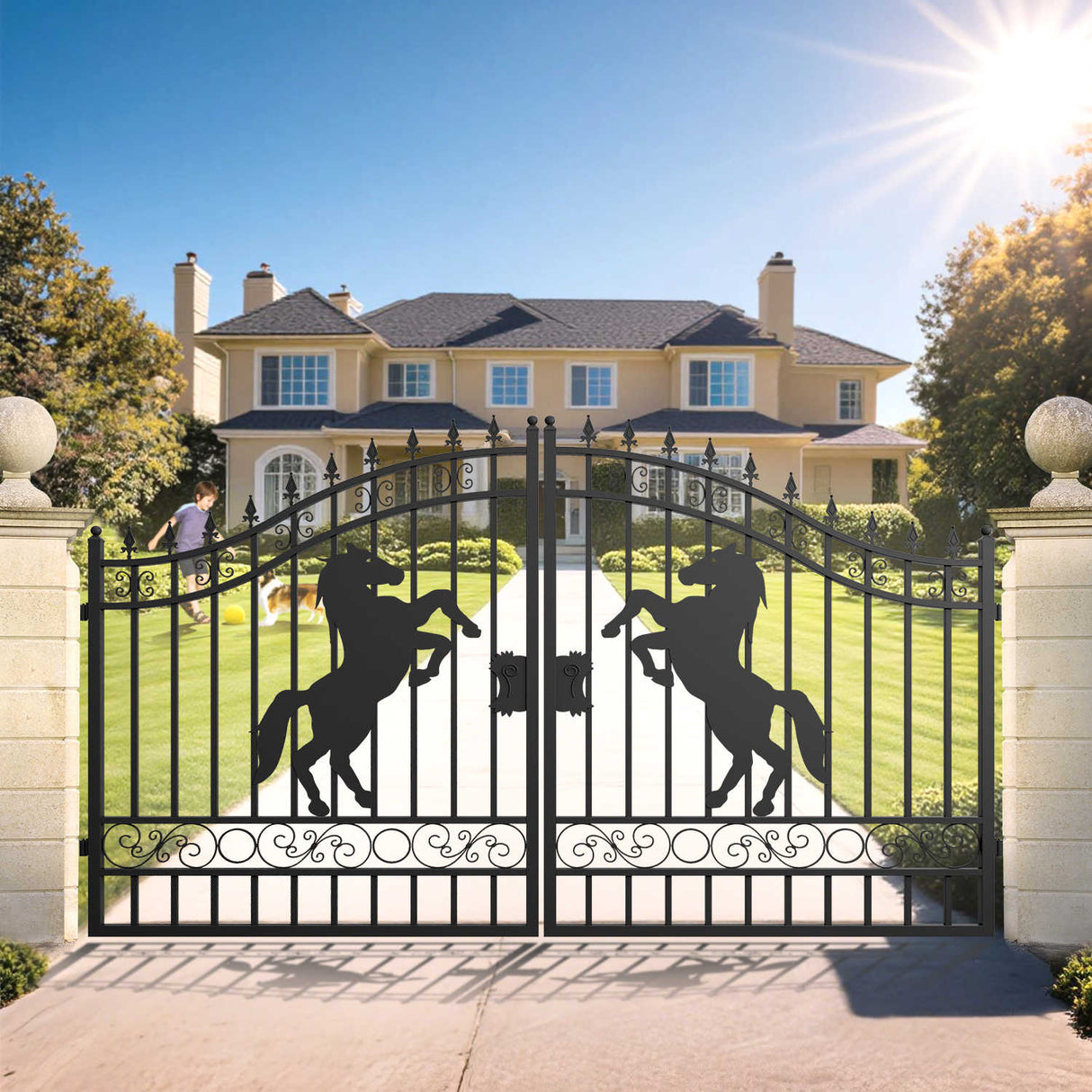 12' × 8' Horse-Pattern Galvanized-Steel Dual-Swing Driveway Gate