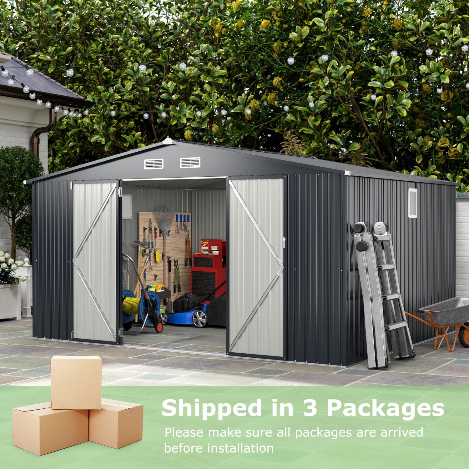 12 x 9.8 Feet Outdoor Storage Shed with Lockable Door and Pitched Roof-Gray