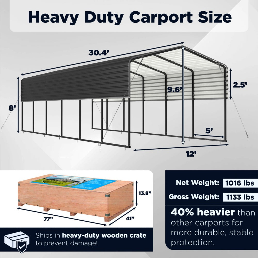 12' × 30' Heavy-Duty Metal Carport with Corrugated Steel Roof