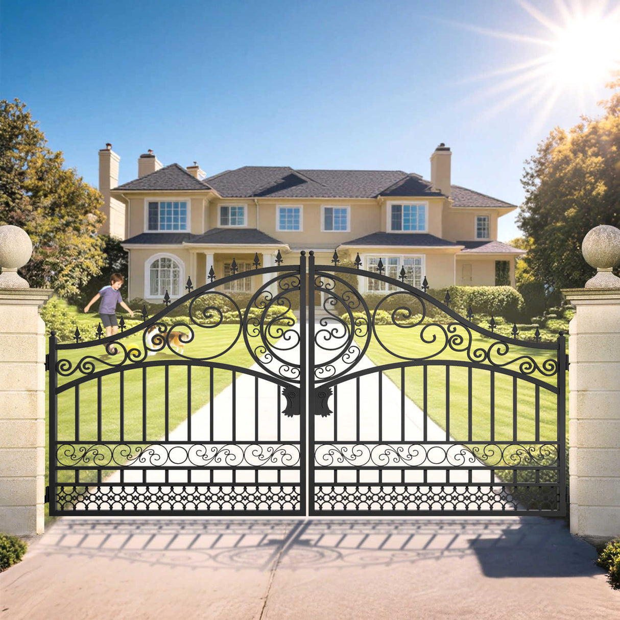 14' × 8' European-Style Galvanized-Steel Dual-Swing Driveway Gate