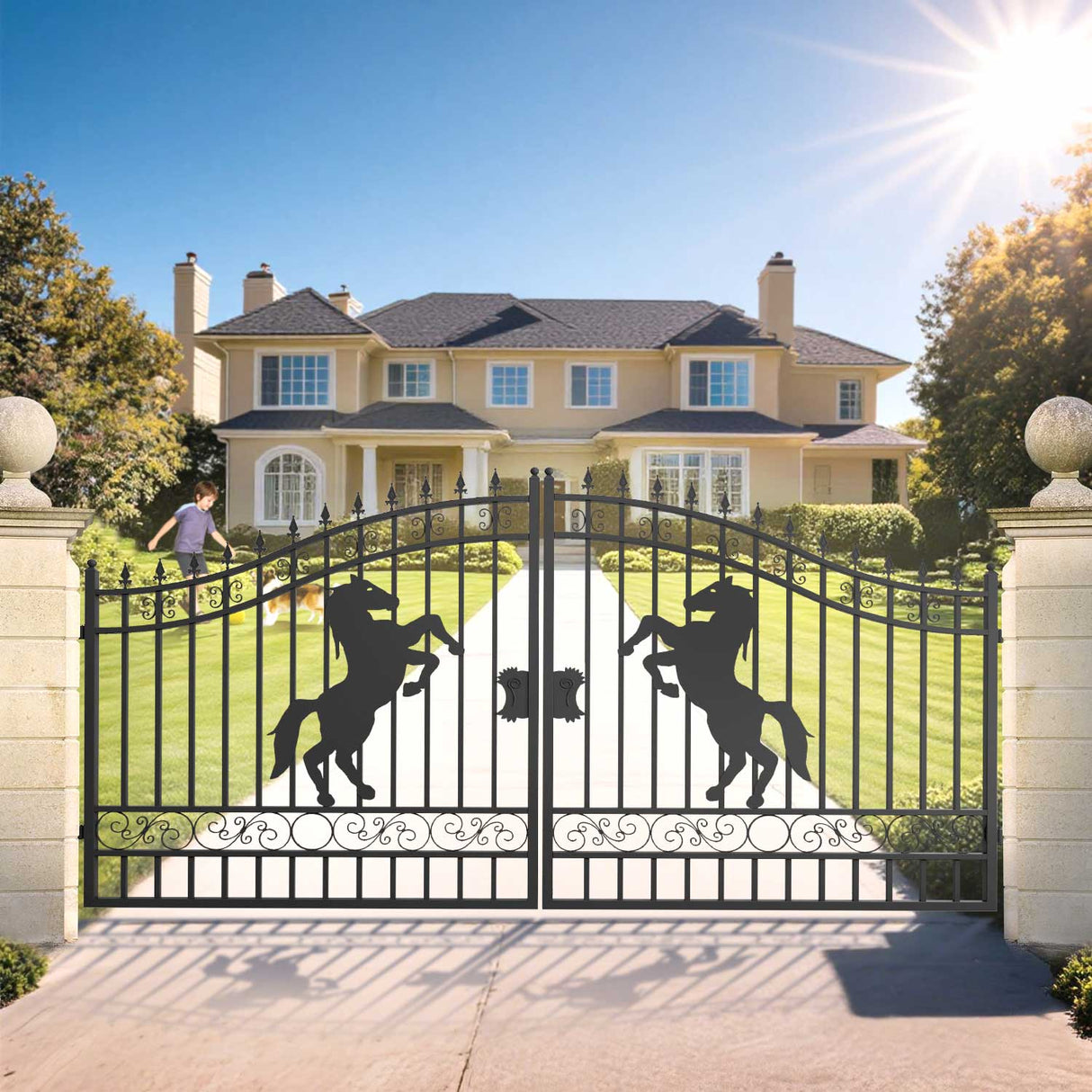 14' × 8' Galvanized-Steel Dual-Swing Driveway Gate with Horse Design
